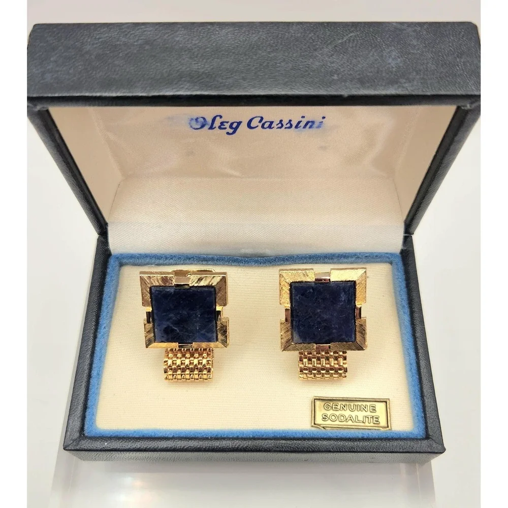 Vintage Oleg Cassini Sodalite Cufflinks Gold Tone Mesh Designer Original Box